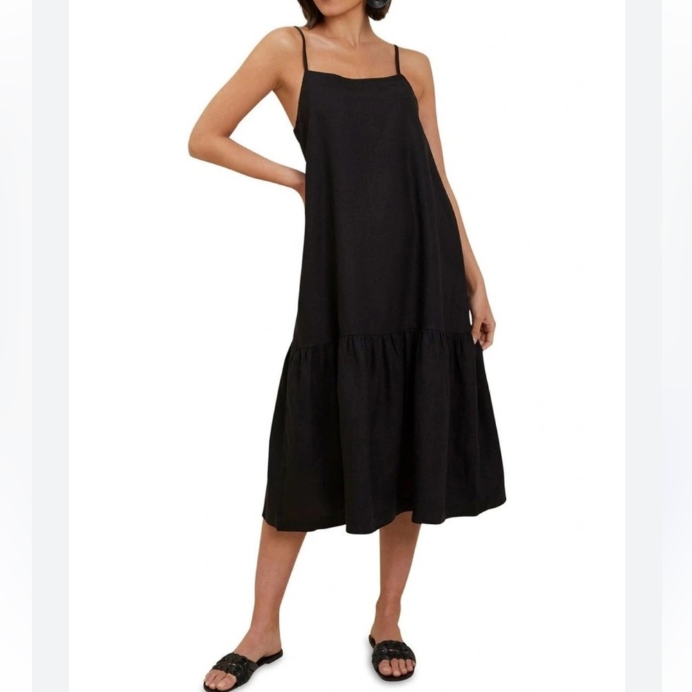 SEED HERITAGE Core Linen Full Hem Midi Dress Black Tiered Cami Size 12